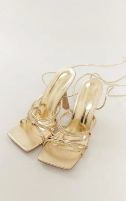 PrettyLittleThing Wide Fit Sandals*Metallic Wide Fit Strappy Knot Detail Square Lace Up High Heeled Sandals