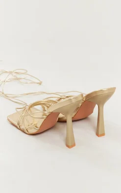 PrettyLittleThing Wide Fit Sandals*Metallic Wide Fit Strappy Knot Detail Square Lace Up High Heeled Sandals