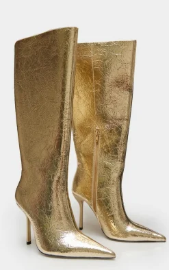PrettyLittleThing Knee High Boots*PU Crinkle Point Toe Knee High Stiletto Heeled Boots