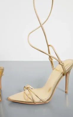 PrettyLittleThing Lace Up Heels*PU Point Toe Metallic Strappy Lace Up Heeled Sandals