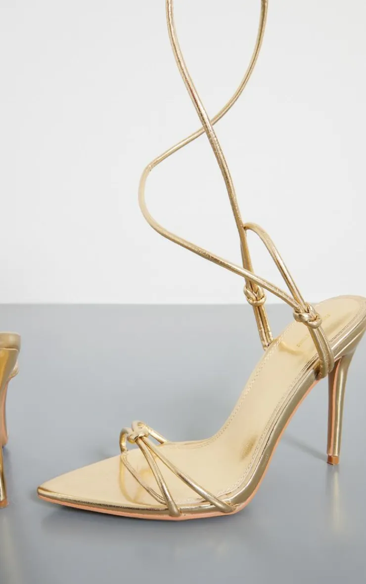 PrettyLittleThing Lace Up Heels*PU Point Toe Metallic Strappy Lace Up Heeled Sandals