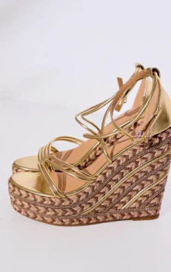 PrettyLittleThing Platforms*PU Round Toe Asymmetric Strap Diamante Platform Heeled Wedges