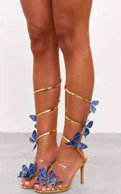 PrettyLittleThing High Heels*PU Round Toe Blue Butterfly Spiral Strap High Heeled Sandals