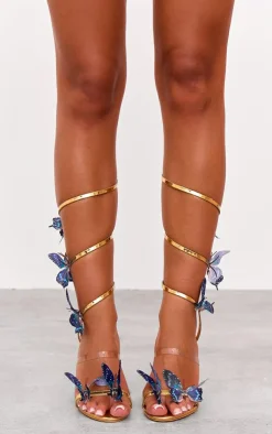 PrettyLittleThing High Heels*PU Round Toe Blue Butterfly Spiral Strap High Heeled Sandals