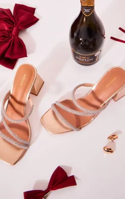 PrettyLittleThing Heeled Sandals*PU Square Toe Asymmetric Diamante Strap Block Heeled Sandals