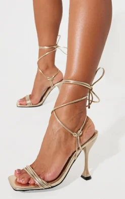 PrettyLittleThing Mid Heels*Pu Square Toe Triple Strap Lace Up Mid Heeled Sandals