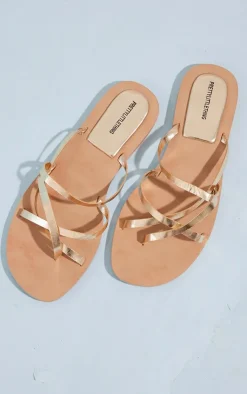 PrettyLittleThing Flat Sandals*Real Leather Round Toe Four Cross Over Straps Flat Sandals