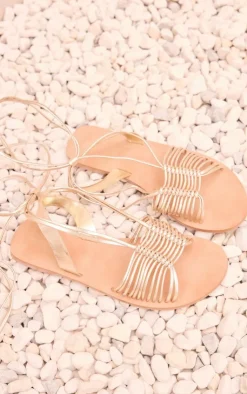 PrettyLittleThing Flat Sandals*Real Leather Round Toe Woven Lace Up Flat Sandals