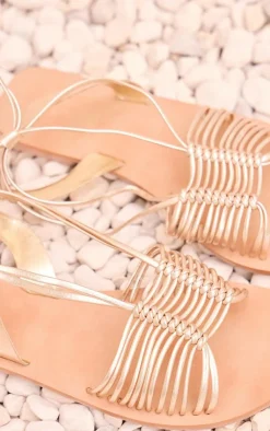 PrettyLittleThing Flat Sandals*Real Leather Round Toe Woven Lace Up Flat Sandals
