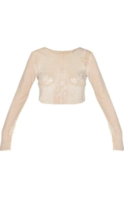 Rhinestone Fishnet Long Sleeve Crew Neck Crop Top-PrettyLittleThing Best