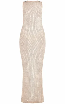 Gold Sequin Knit Racer Neck Maxi Dress