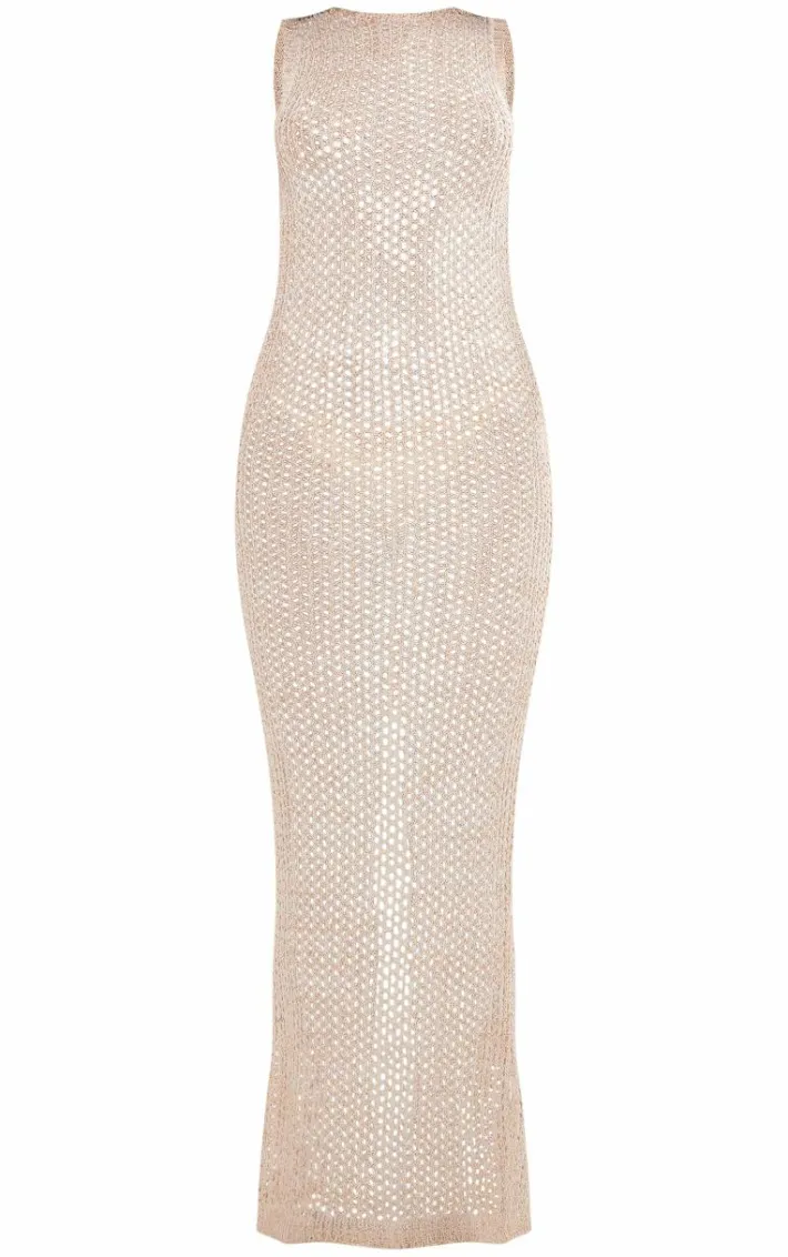 Gold Sequin Knit Racer Neck Maxi Dress