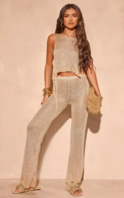 Outlet PrettyLittleThing Sequin Knit Wide Leg Floaty Pants Gold