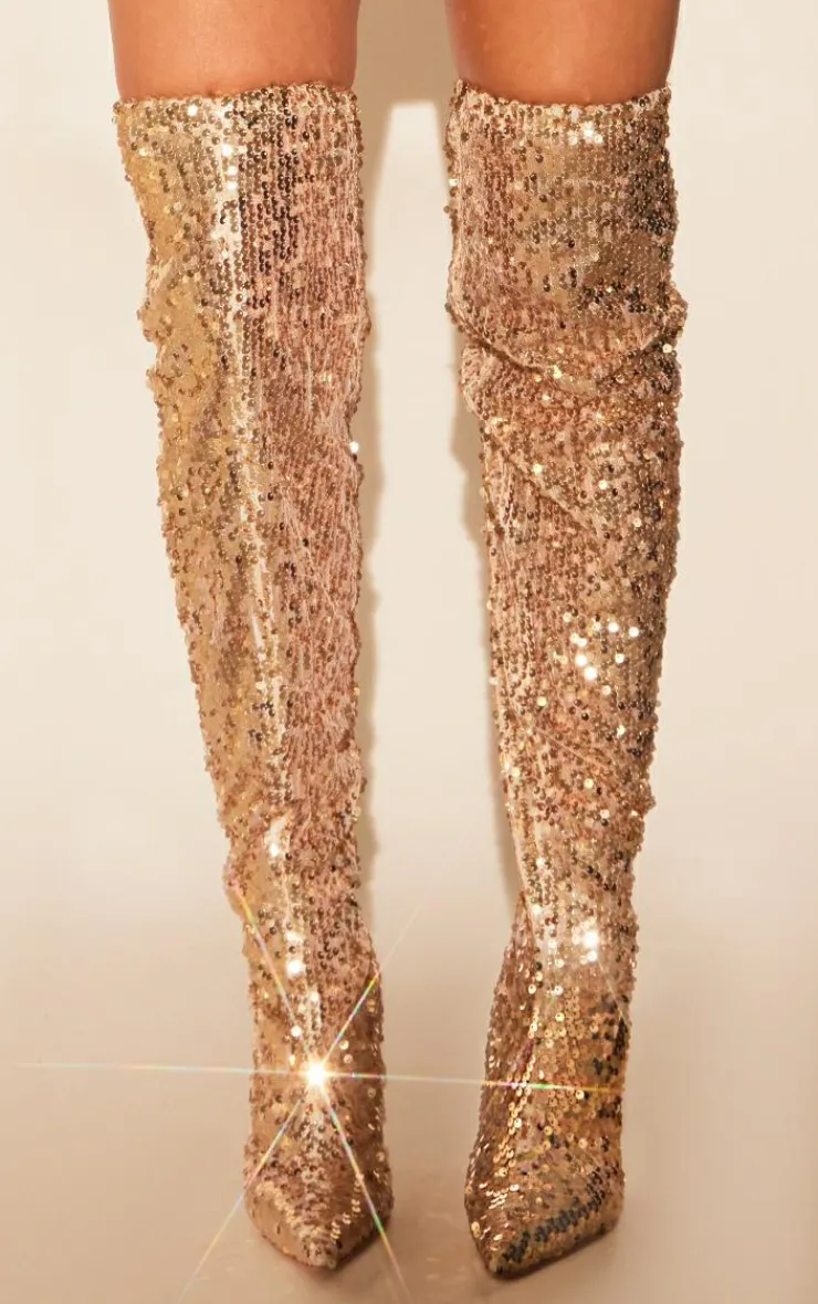 PrettyLittleThing Over The Knee Boots*Sequin Point Toe Over The Knee Heeled Boots