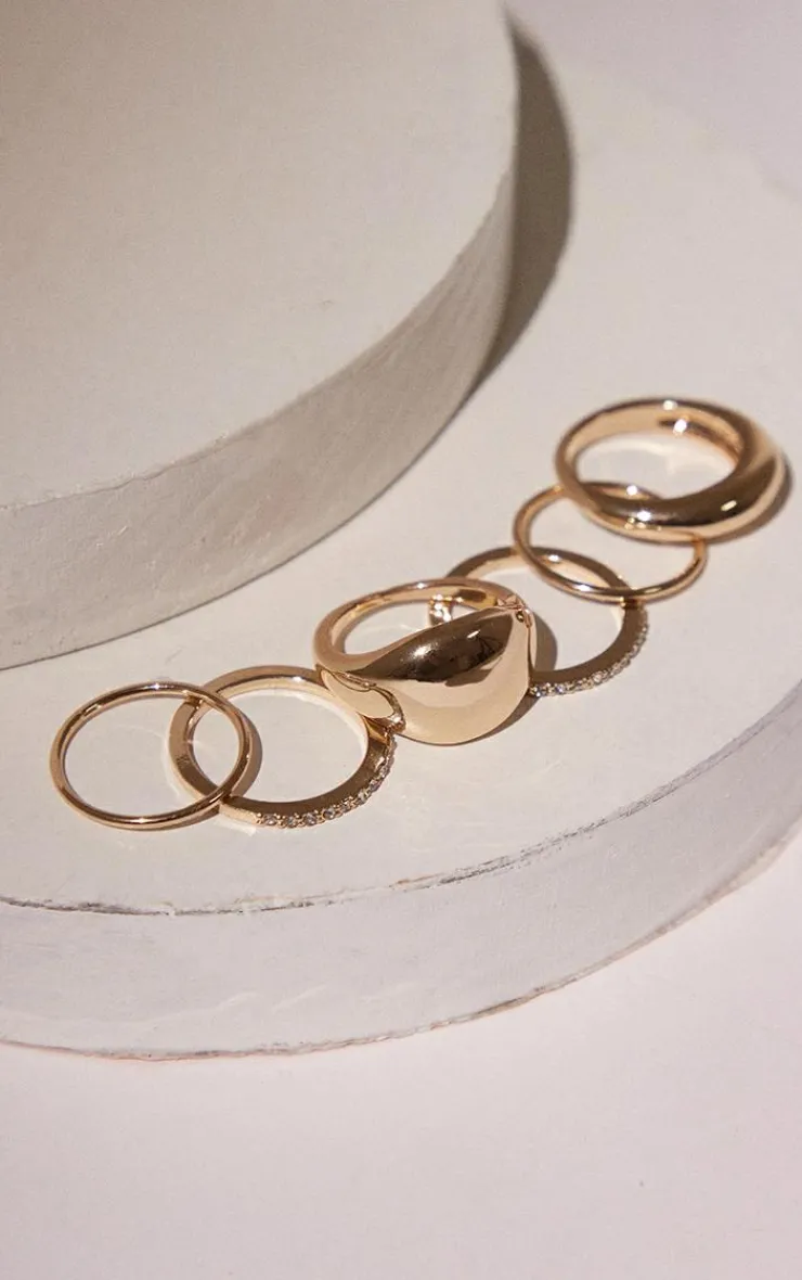 PrettyLittleThing Rings*Simple Curved Diamante 6 Ring Pack