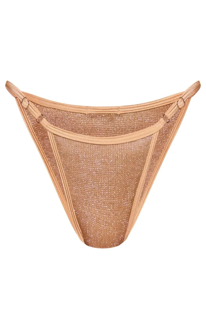 Gold Textured Lurex Tanga Bikini Bottoms
