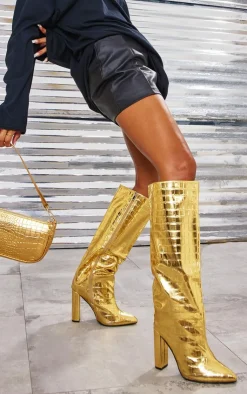PrettyLittleThing Wide Fit Heels*Wide Fit Metallic Point Toe Croc Block High Heeled Knee Boots