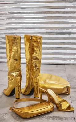 PrettyLittleThing Wide Fit Heels*Wide Fit Metallic Point Toe Croc Block High Heeled Knee Boots