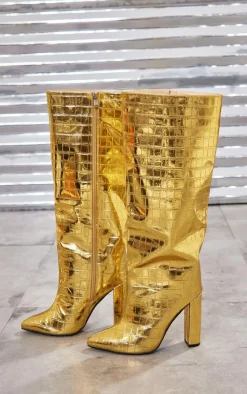 PrettyLittleThing Wide Fit Heels*Wide Fit Metallic Point Toe Croc Block High Heeled Knee Boots