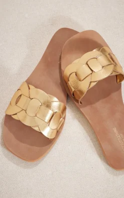 PrettyLittleThing Wide Fit Sandals*Wide Fit Real Leather Round Toe Woven Thick Leather Strap Sandals
