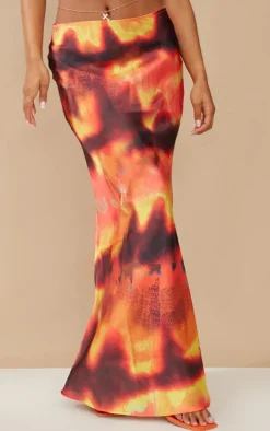 Golden Brown Tie Dye Satin Basic Maxi Skirt