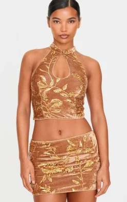 Best PrettyLittleThing en Olive Velvet Floral Sequin Embellished Micro Mini Skirt Gold