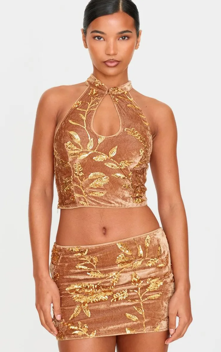 Best PrettyLittleThing en Olive Velvet Floral Sequin Embellished Micro Mini Skirt Gold