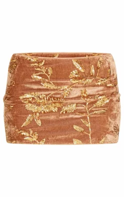 Best PrettyLittleThing en Olive Velvet Floral Sequin Embellished Micro Mini Skirt Gold