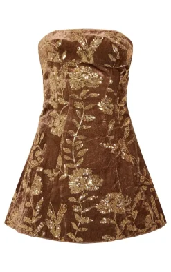 en Olive Velvet Floral Sequin A-line Dress-PrettyLittleThing Online