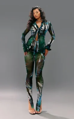 Hot PrettyLittleThing Abstract Floral Printed Mesh Leggings Green
