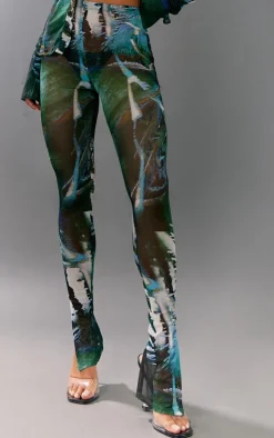 Hot PrettyLittleThing Abstract Floral Printed Mesh Leggings Green