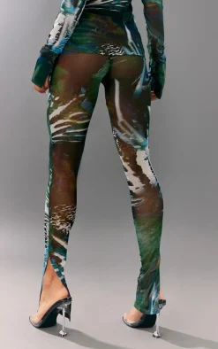 Hot PrettyLittleThing Abstract Floral Printed Mesh Leggings Green