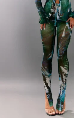 Hot PrettyLittleThing Abstract Floral Printed Mesh Leggings Green