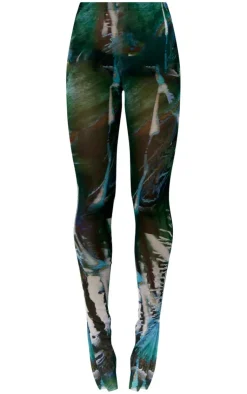 Hot PrettyLittleThing Abstract Floral Printed Mesh Leggings Green