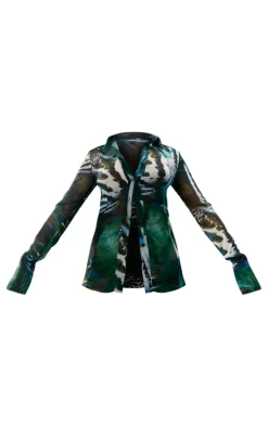 PrettyLittleThing Abstract Floral Printed Chiffon Shirt Green