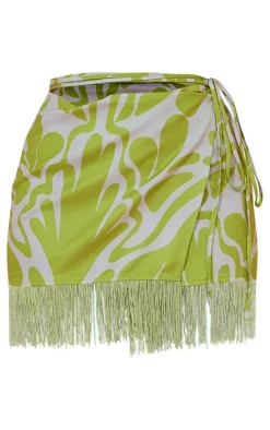 Green Abstract Floral Tassel Hem Wrap Mini Skirt