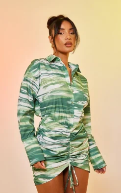 Abstract Print Oversized Shirt Ruched Bodycon Dress-PrettyLittleThing Outlet