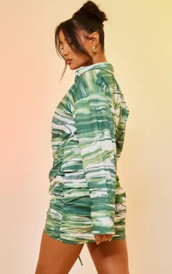 Abstract Print Oversized Shirt Ruched Bodycon Dress-PrettyLittleThing Outlet