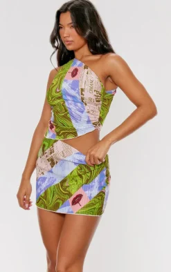Hot PrettyLittleThing Abstract Print Plisse Low Rise Micro Mini Skirt Green