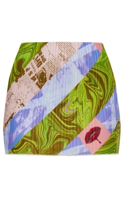 Hot PrettyLittleThing Abstract Print Plisse Low Rise Micro Mini Skirt Green