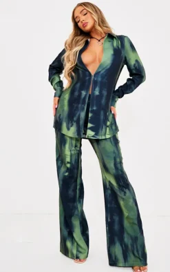 Hot PrettyLittleThing Abstract Print Wide Leg Pants Green