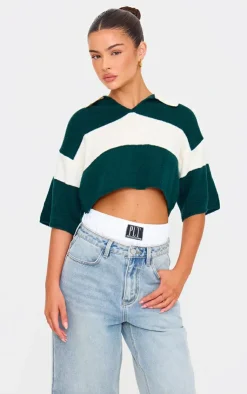 PrettyLittleThing Knitted Tops*And White Stripe Knit V Neck Cropped Rugby Top