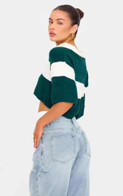 PrettyLittleThing Knitted Tops*And White Stripe Knit V Neck Cropped Rugby Top