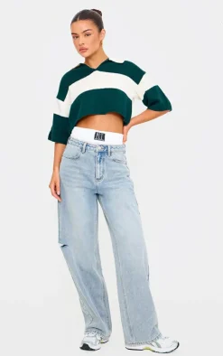 PrettyLittleThing Knitted Tops*And White Stripe Knit V Neck Cropped Rugby Top