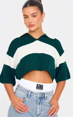 PrettyLittleThing Knitted Tops*And White Stripe Knit V Neck Cropped Rugby Top