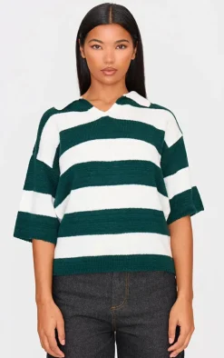 PrettyLittleThing T-Shirts*And White Stripe Knit V Neck Oversized Rugby Top
