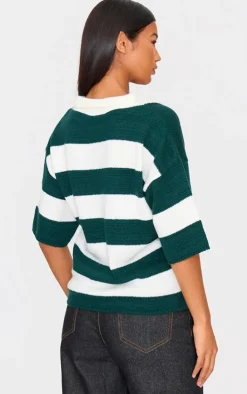 PrettyLittleThing T-Shirts*And White Stripe Knit V Neck Oversized Rugby Top