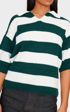 PrettyLittleThing T-Shirts*And White Stripe Knit V Neck Oversized Rugby Top