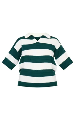 PrettyLittleThing T-Shirts*And White Stripe Knit V Neck Oversized Rugby Top