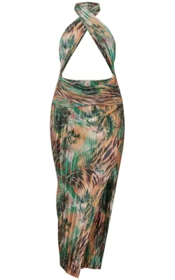 Animal Print Plisse Cross Neck Cut Out Midi Dress-PrettyLittleThing Outlet
